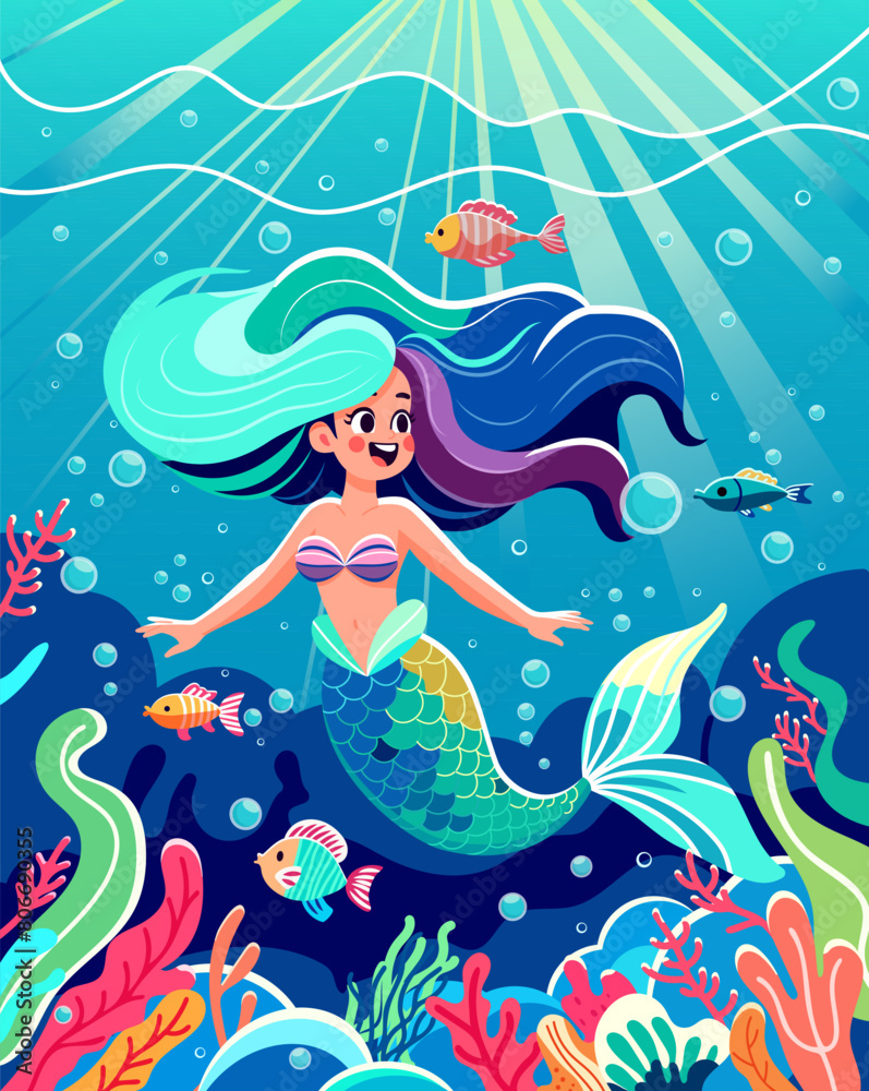 A smiling mermaid with colorful hair among fish and coral reefs, vector illustration, on a blue underwater background, concept of fantasy. Vector illustration