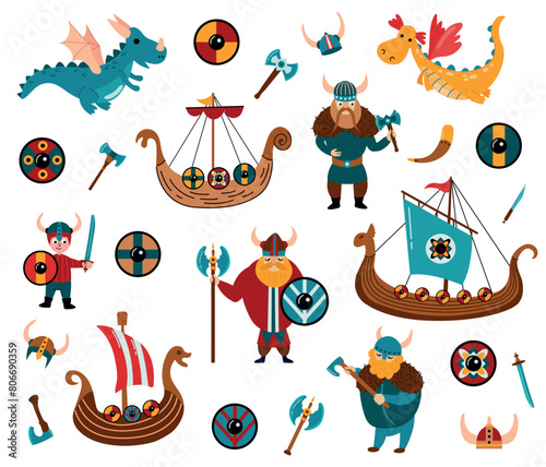 Vikings set. Drakkars, shields, axe, helmet, sword, dragons, Knife	

