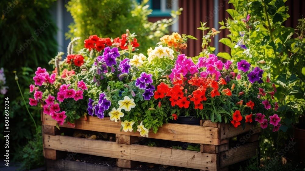 Beautiful different color flowers in pots on wooden pallet