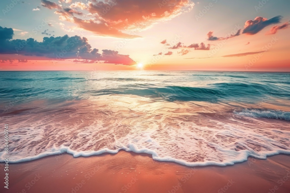 Tranquil beach at sunrise with gentle waves Tranquil beach at sunrise with gentle waves