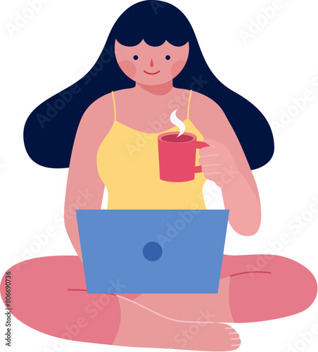 Woman enjoys coffee and uses laptop