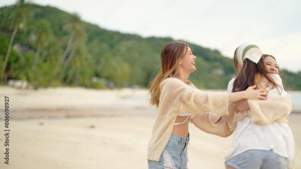 4K Group of Young Asian woman enjoy and fun outdoor lifestyle travel nature ocean on summer beach holiday vacation. Attractive girl friends walking and playing together at the sea on tropical island. 4K Group of Young Asian woman enjoy and fun outdoor lifestyle travel nature ocean on summer beach holiday vacation. Attractive girl friends walking and playing together at the sea on tropical island.