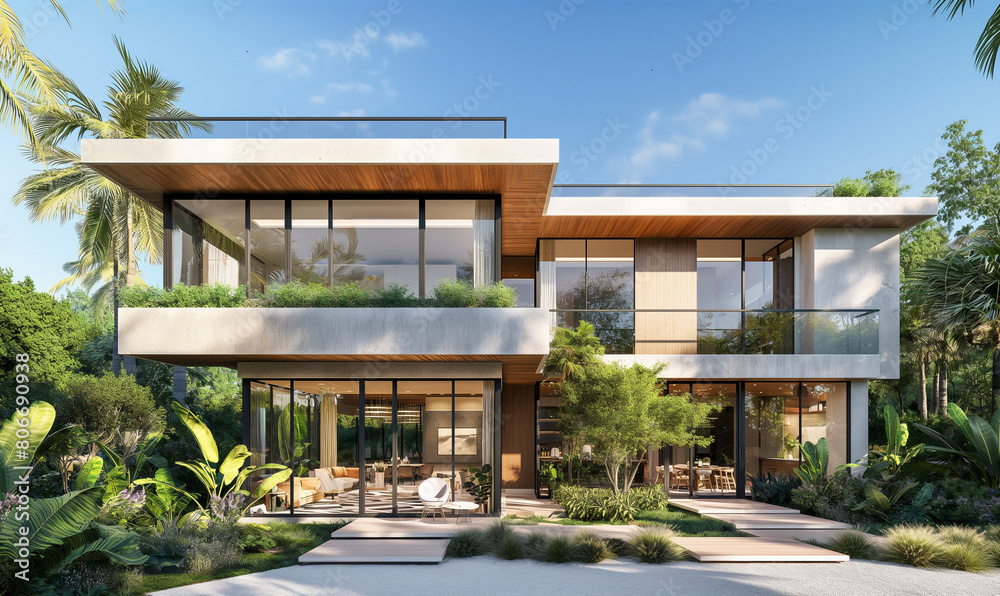 3d rendering of modern house with wooden cladding and green trees on the front yard under blue sky background