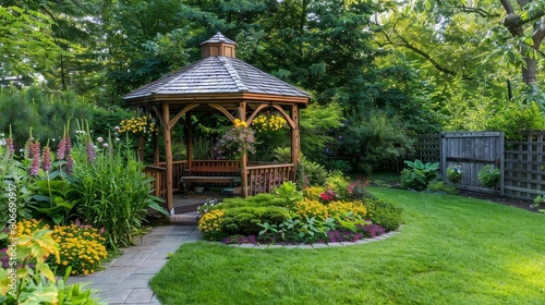 backyard garden with wooden gazebo and colorful flowers, surrounded by a wooden fence