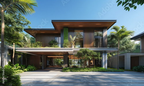 3d rendering of modern house with wooden cladding and green trees on the front yard under blue sky background © 수동 김