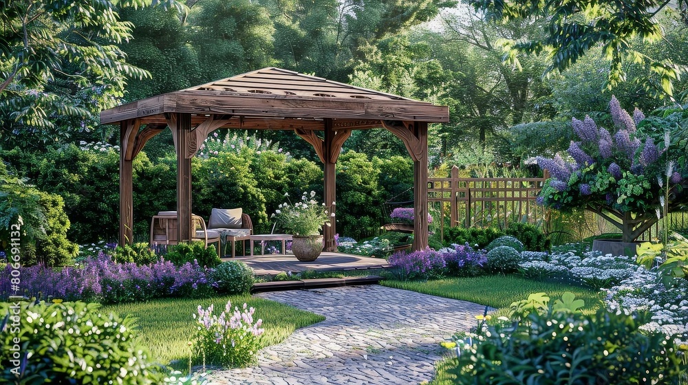 backyard garden with wooden gazebo and purple flowers, surrounded by a wooden fence and brown roof