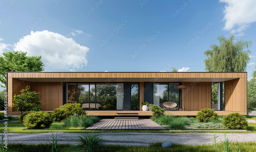 3d rendering of modern house with wooden cladding and green trees on the front yard under blue sky background 3d rendering of modern house with wooden cladding and green trees on the front yard under blue sky background
