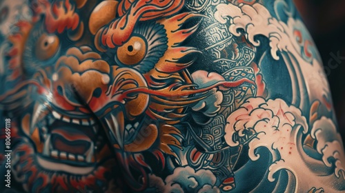 Japanese tattoo of a mystical creature, the foo dog, guardian and protector, detailed with dynamic expressions and traditional motifs, clean background photo