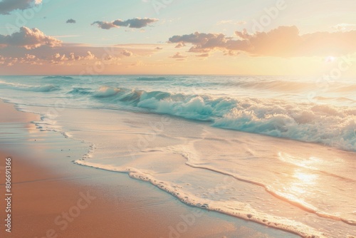 Serene waves washing onto sandy beach at sunrise