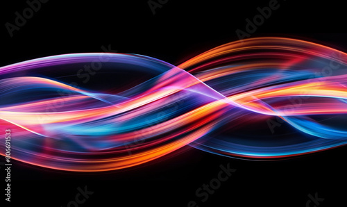 A colorful light trail on black background, long exposure photography, wind style, swirling lines, flowing curves