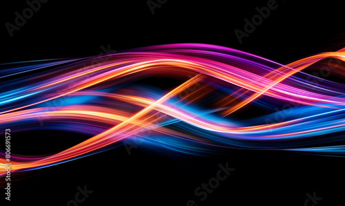 A colorful light trail on black background, long exposure photography, wind style, swirling lines, flowing curves