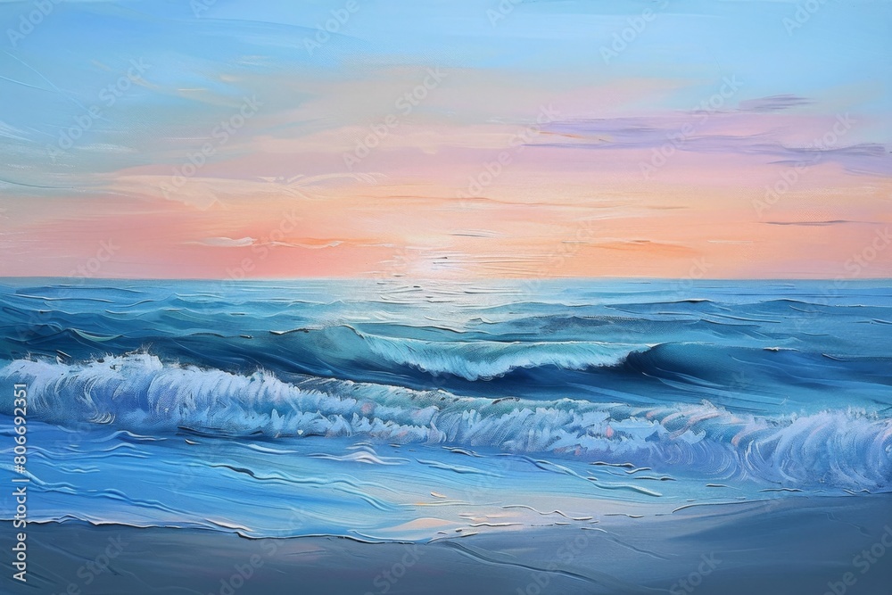 Fototapeta premium Pastel ocean waves at tranquil sunrise painting