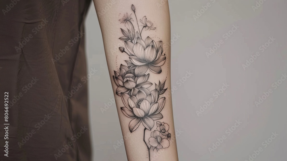 Intricate floral tattoo on forearm, combining lotuses and wildflowers, a symbol of personal growth and beauty, displayed on a plain background