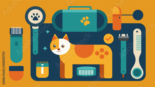 A portable grooming kit with interchangeable attachments for t deshedding and massaging your pet.. Vector illustration