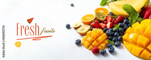 Colorful assortment of fresh fruits on white background