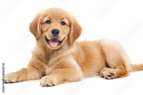 A cheerful golden retriever puppy lying down on a white background, looking at the camera with a playful expression