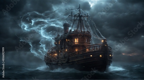Horror Photography: Eldritch Robot Pirates on a dieselpunk ship on the Sea at night in an epic cosmic storm. photo