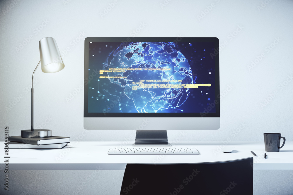 Abstract creative coding illustration with world map on modern computer monitor, international software development concept. 3D Rendering Abstract creative coding illustration with world map on modern computer monitor, international software development concept. 3D Rendering