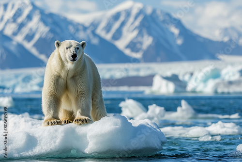 A polar bear standing on top of icebergs in the Arctic Ocean, with clear blue water and distant mountains visible behind it