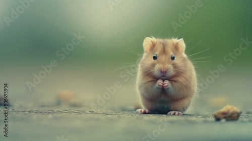 Adorable hamster standing alert on a misty morning pathway.