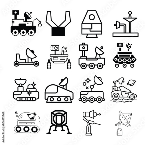 Moon rover outline icon Set, Moon rover glyph icon, Moon rover outline icon, Lunar Lander Icon, Ground satellite line art, 