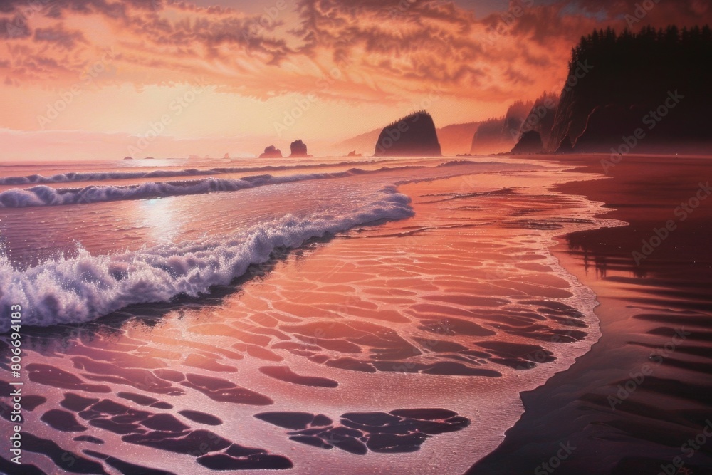 Naklejka premium Pastel ocean waves on sandy shore at sunrise