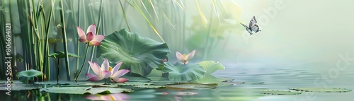 A beautiful watercolor painting of a butterfly flying over a pond of water lilies
