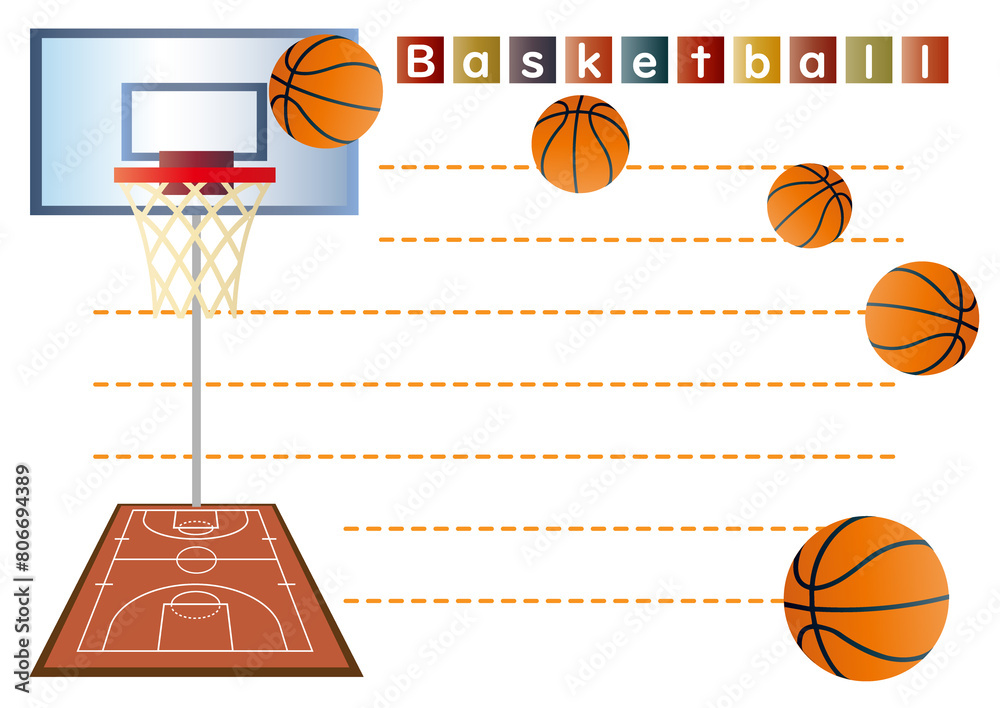 バスケットボールの便箋　バスケットボールのノート　バスケットボールのメッセージカード