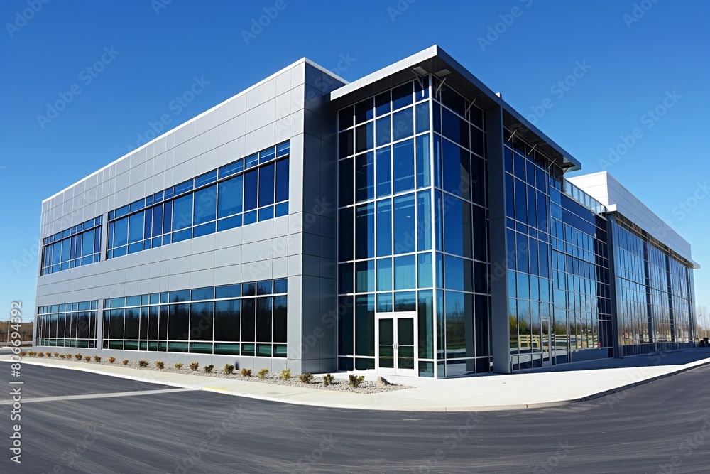 Architectural photo of a new office building with reflective windows against a clear blue sky