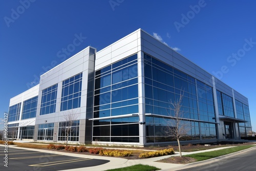Newly constructed modern office building exterior with glass facade and contemporary design. Set against a clear blue sky in the urban landscape