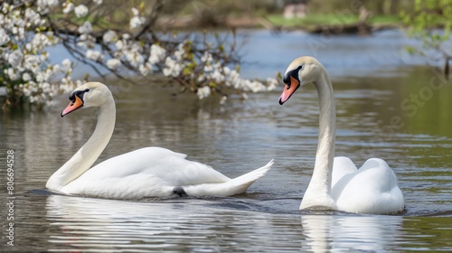 Pair of swans swimming gracefully together in a peaceful lakeside setting