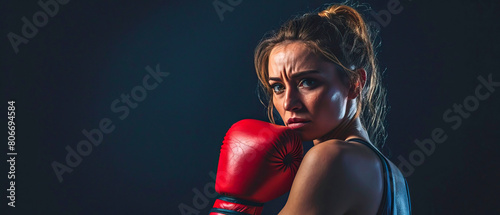 Confident young woman with boxing gloves on black background © Kseniya