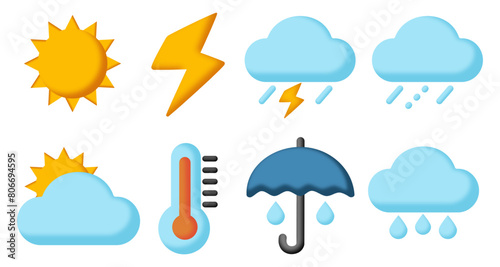 3D style vector illustration of a set of weather or forecast icons. For clouds, sun, rain, umbrella, mercury, lightning.