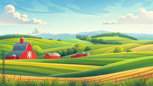 panoramic illustration farm landscape,farm landscape with hills illustration