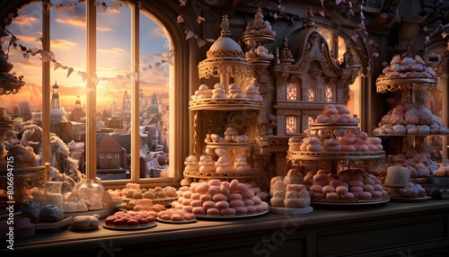 Biscuits on display in a shop window at sunset, Paris, France photo