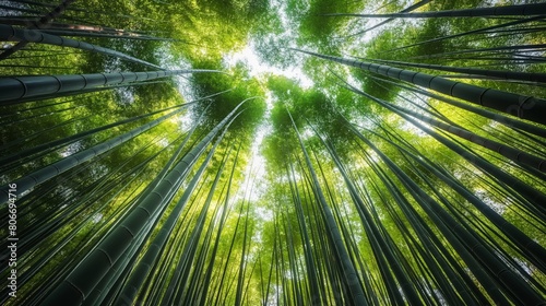 Tranquil view from beneath a dense bamboo grove with sunlight filtering through tall, slender stalks