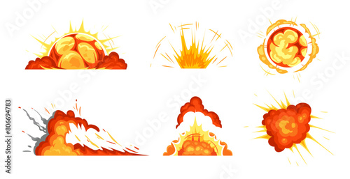 Cartoon explosions. Exploding bomb collection set animation. Vector of comic burst, blast element graphic, bright motion explode illustration