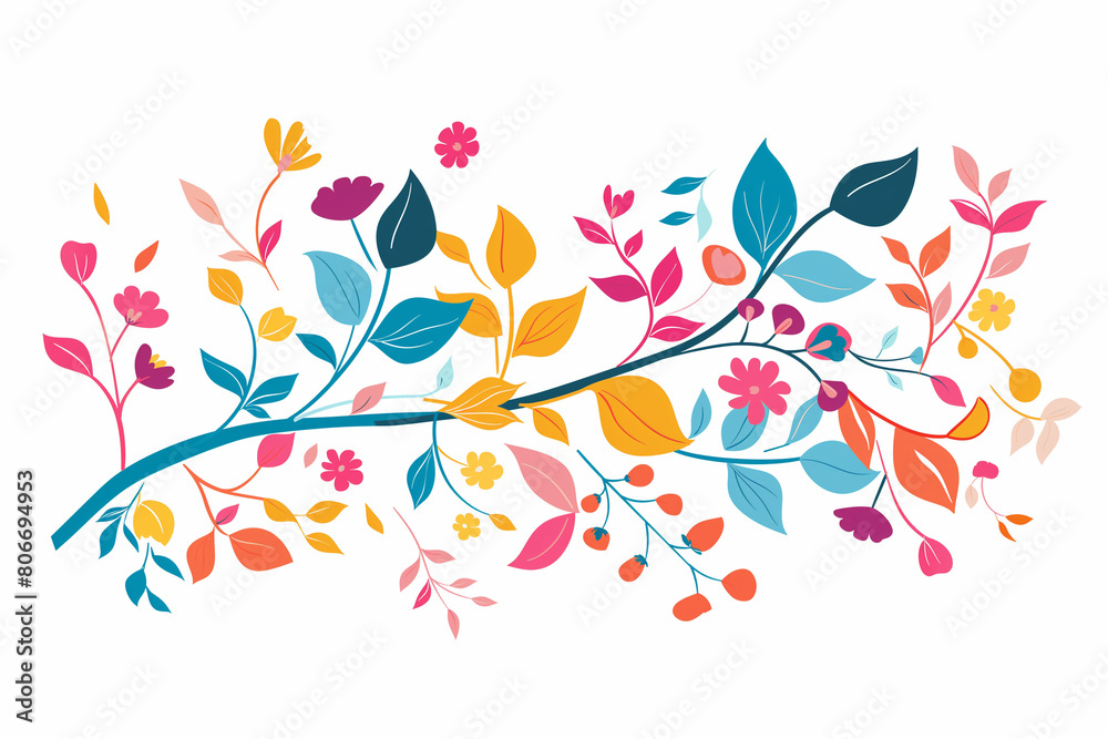 Colorful vector illustration of a floral branch on a white background, with colorful leaves and vines
