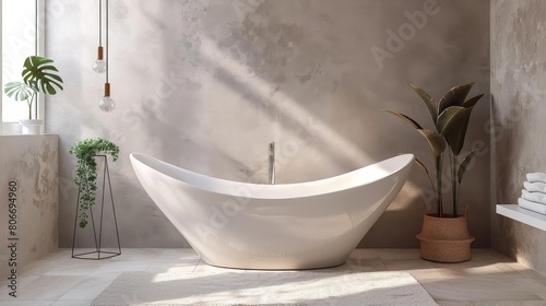 contemporary minimalist bathroom with freestanding tub surrounded by lush greenery  including a small plant and a brown pot  set against a white wall and tiled floor  with a window providing