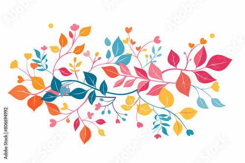 Colorful vector illustration of a floral branch on a white background  with colorful leaves and vines