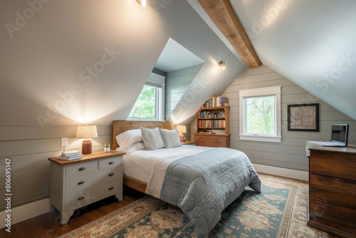 Comfortable and stylish renovated attic bedroom with wooden beams  cozy bedding  and a well-lit study area