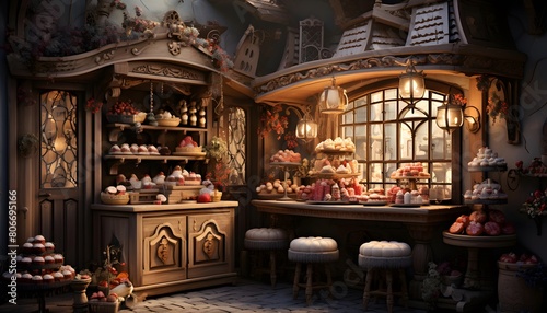 Cafe interior with sweets and croissants, 3d render