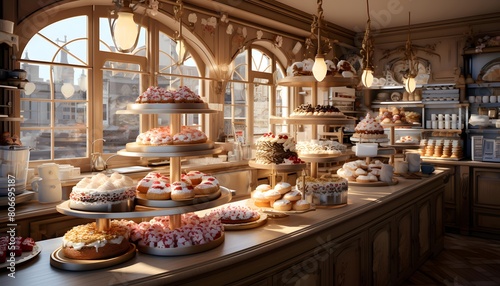 Panoramic view of a bakery with different kinds of cakes.