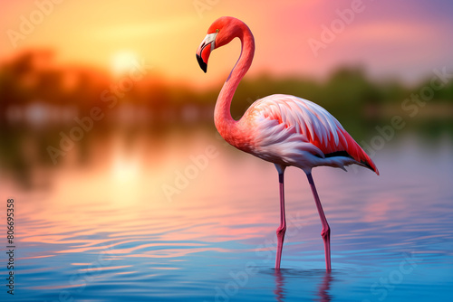 A vibrant flamingo standing elegantly in water  with a stunning sunset reflection creating a serene and tranquil scene.