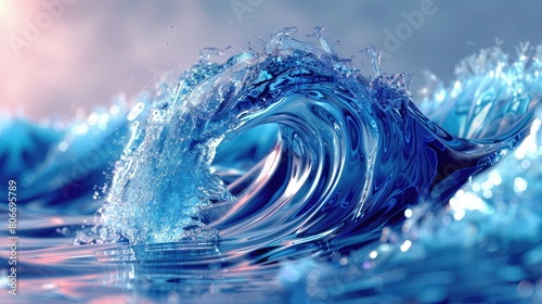 A powerful and towering ocean wave crashes and breaks with incredible force, Isolated, water liquid whirl splashes and fluid wave swirl,Ocean underwater blue wave background

 photo