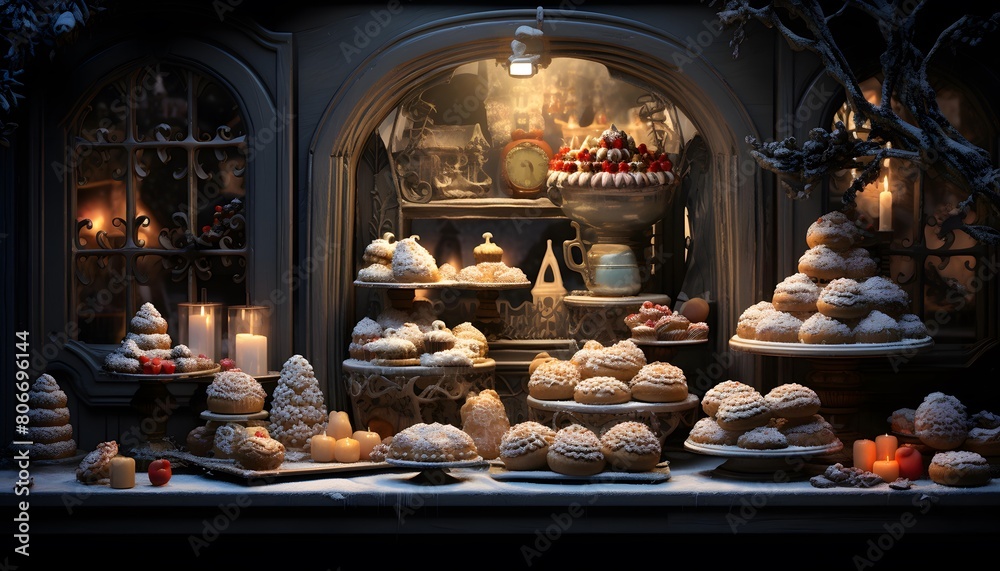 Christmas cookies in the shop window at night. Traditional Christmas sweets.