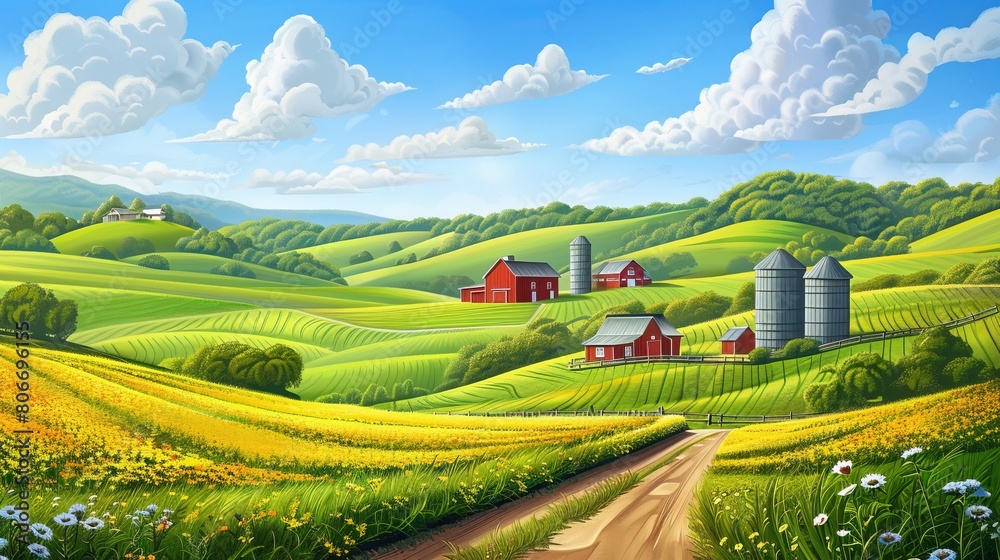 Fototapeta premium panoramic illustration farm landscape,farm landscape with hills illustration