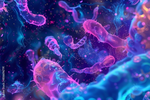 Microscopic world of a human gut microbiome as a vibrant musical performance. Bacteria as musicians playing instruments photo