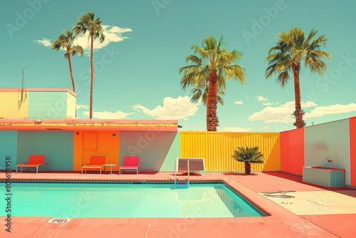 Vintage swimming pool scene with colorful walls  palm trees and blue sky
