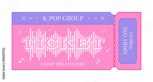 Ticket to a music concert, decorated with musical notes. Vector illustration isolated on white background